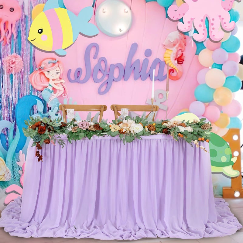 QueenDream Lavender Chiffon Table Skirt 6ft for Rectangle Tables Purple Mermaid Table Skirting for Wedding Birthday Butterfly Party Baby Shower - Image 2